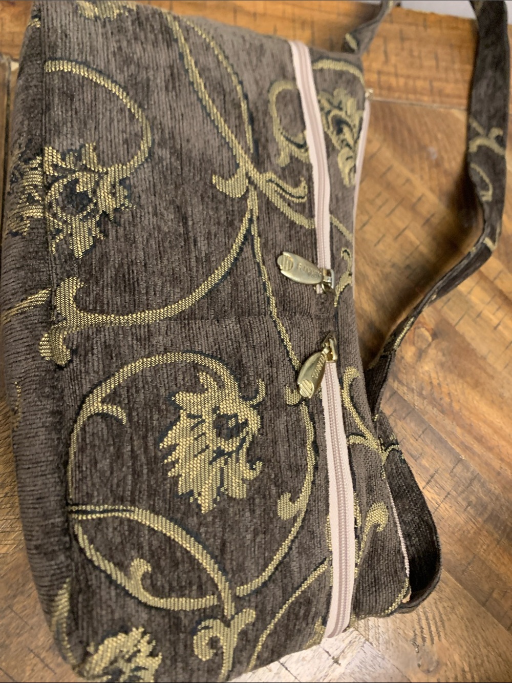 Vintage Gold-Accent Brown Floral Jacquard Sholder Bag Made In USA